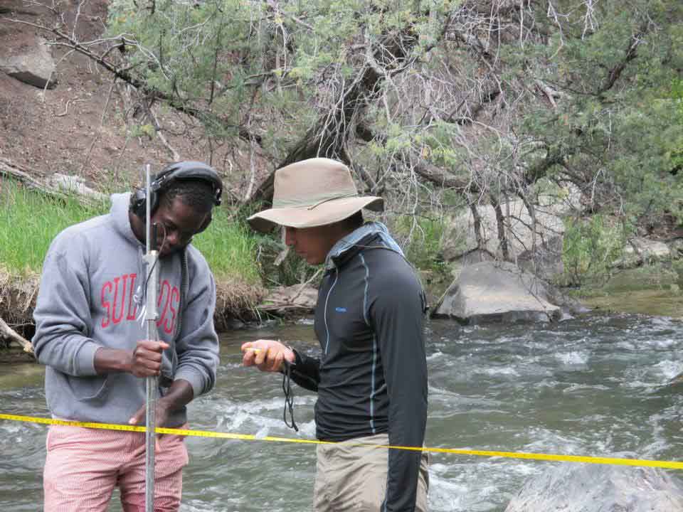 Students measuring water discharge.