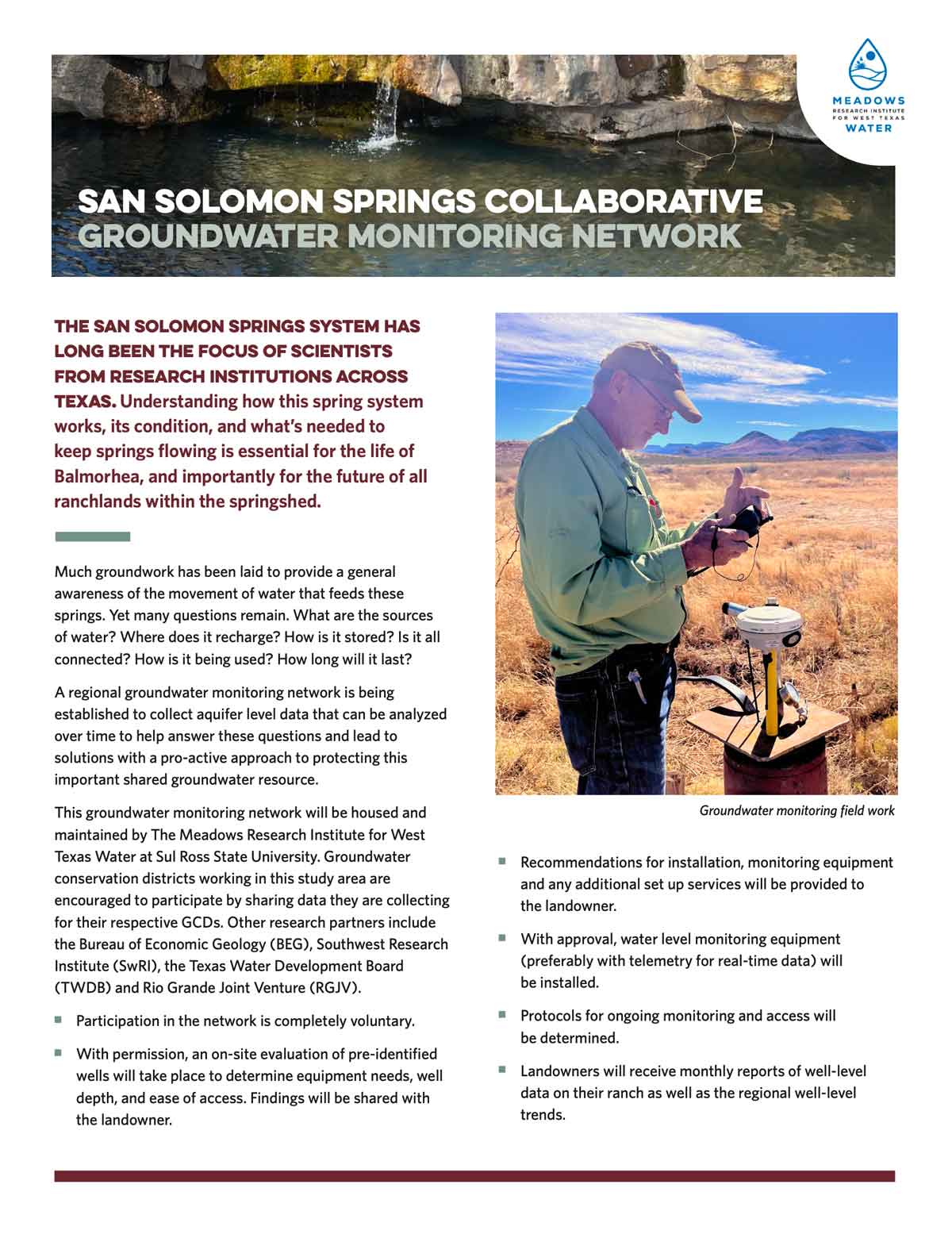 Screen capture of the San Solomon Springs Collaborative Groundwater Monitoring Network